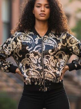 Sequined Black & Gold Bomber Jacket - By Navier -women's Size M